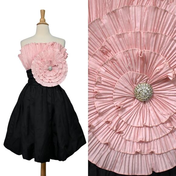 Vintage 80s AJ Bari Origami Crinkle Pink Flower Black Taffeta Party Dress XXS - Picture 1 of 10